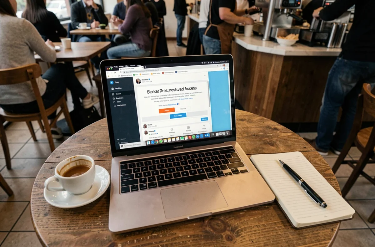 Ordinateur portable dans un café affichant un message d'accès bloqué sur un outil de visualisation Instagram comme Picuki