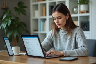 Femme accédant à sa messagerie synchronisée sur ordinateur portable, smartphone et tablette depuis son bureau à domicile