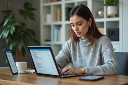 Femme accédant à sa messagerie synchronisée sur ordinateur portable, smartphone et tablette depuis son bureau à domicile