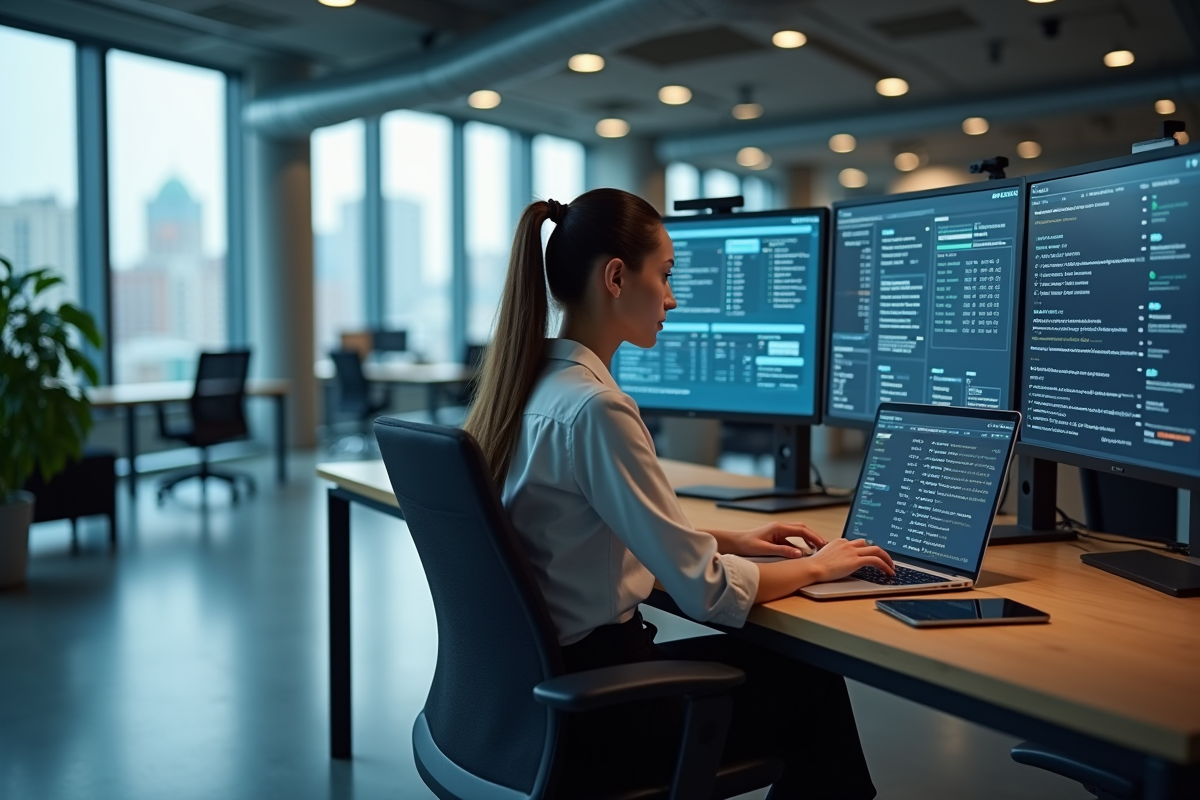 Femme administrant réseau avec écrans de sécurité en arrière-plan