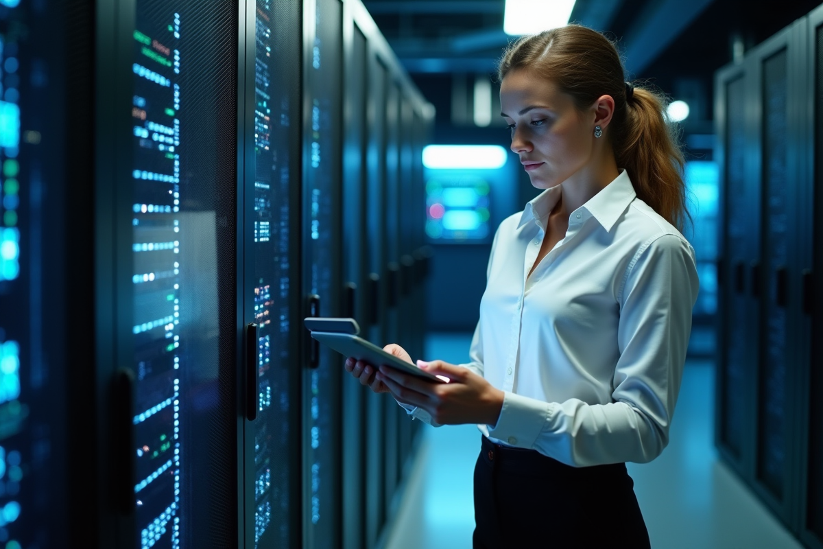 Femme administratrice systemes vérifiant les serveurs dans un centre hightech