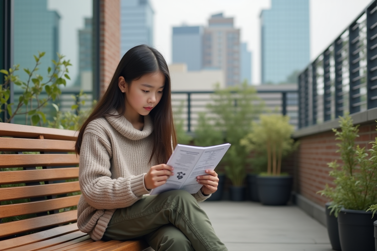 Adolescente étudiant un manuel de drone en rooftop urbain