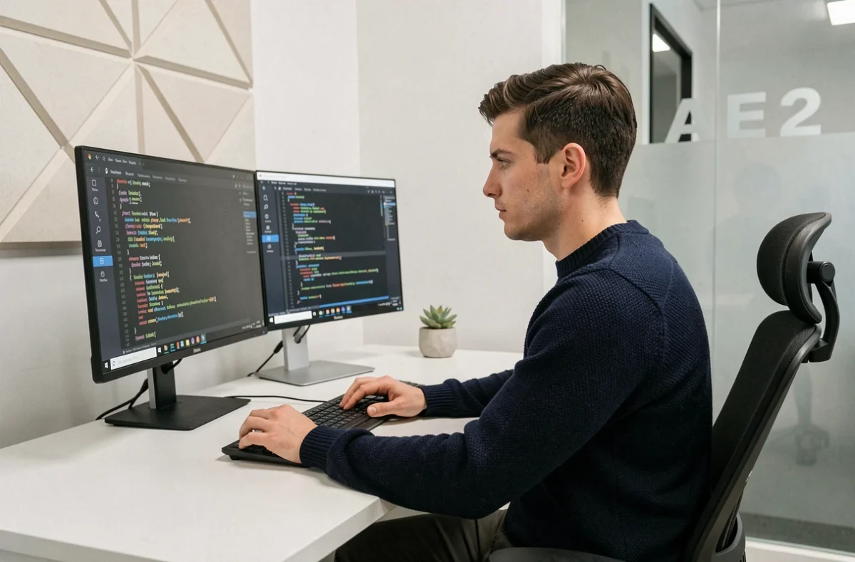 Développeur web de l'agence AE2 travaillant sur un projet WordPress dans un bureau minimaliste