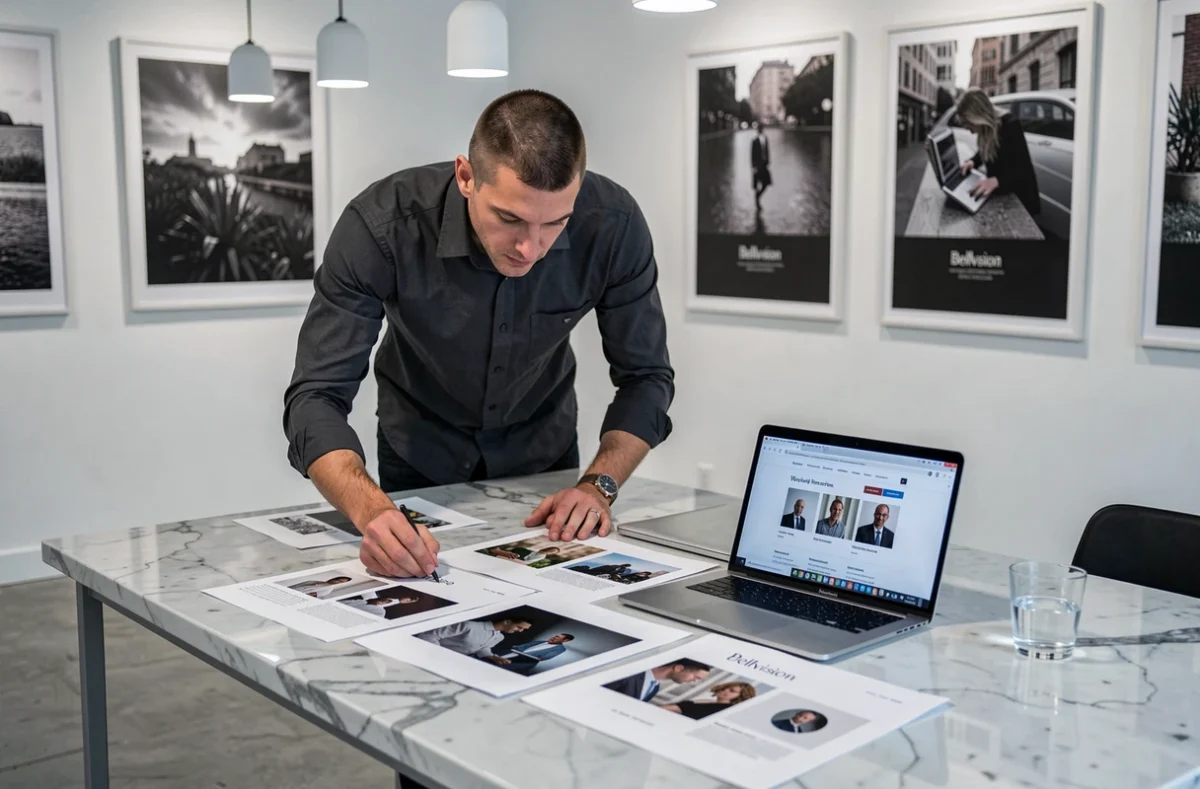 Directeur artistique de l'agence Bellvision révisant des visuels WordPress haut de gamme dans un espace épuré