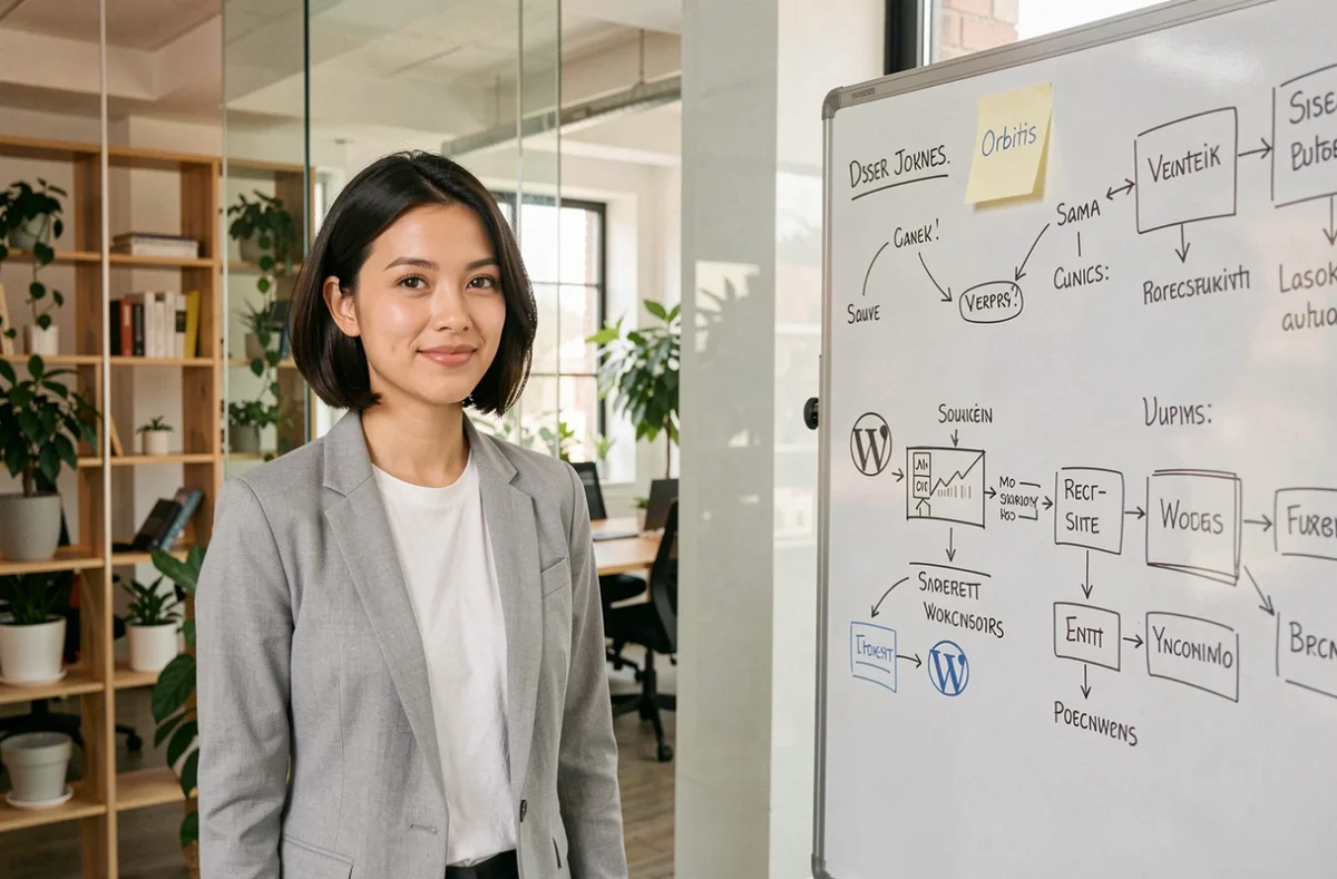 Designer UX de l'agence Orbitis présentant une architecture de site WordPress sur un tableau blanc