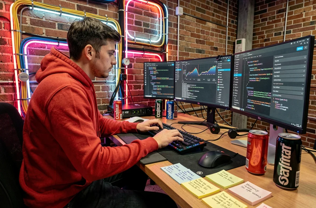 Développeur de l'agence Smartfire travaillant sur des performances WordPress dans un loft technologique