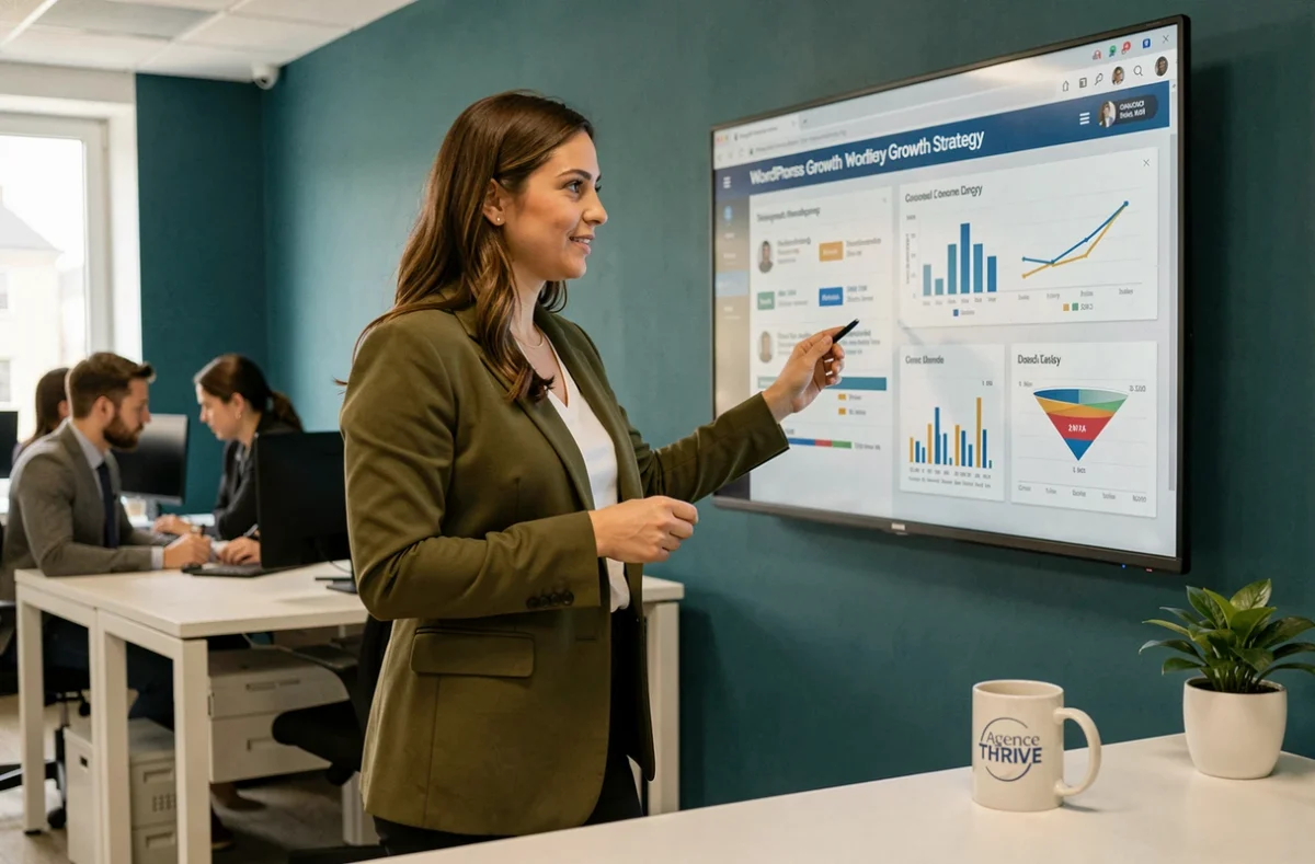 Stratège digitale de l'agence THRIVE présentant une stratégie de croissance WordPress dans un bureau moderne