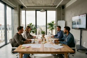Équipe d'une agence web WordPress en Loire-Atlantique travaillant autour d'une table dans un bureau moderne à Nantes