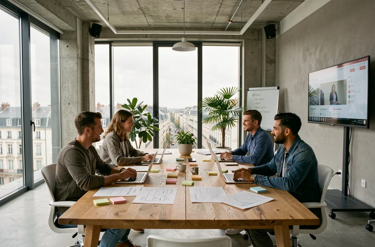 Équipe d'une agence web WordPress en Loire-Atlantique travaillant autour d'une table dans un bureau moderne à Nantes