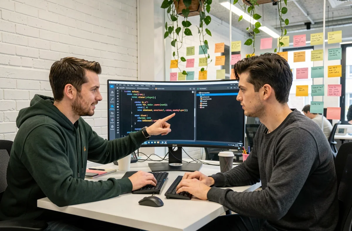 Deux développeurs d'Amiltone Dijon en session de pair programming sur un poste de travail partagé