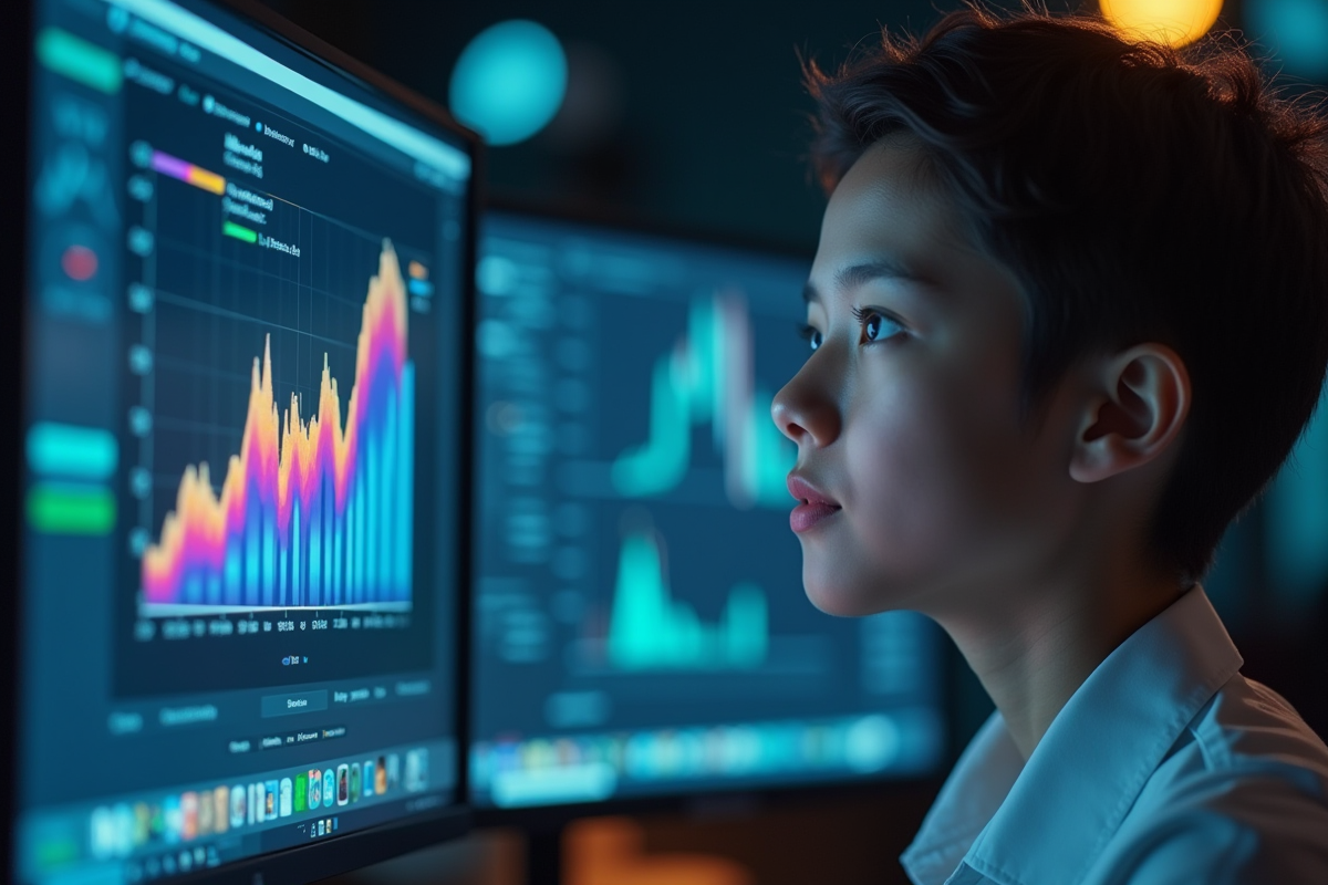 Jeune professionnel analysant une image colorée sur un écran d