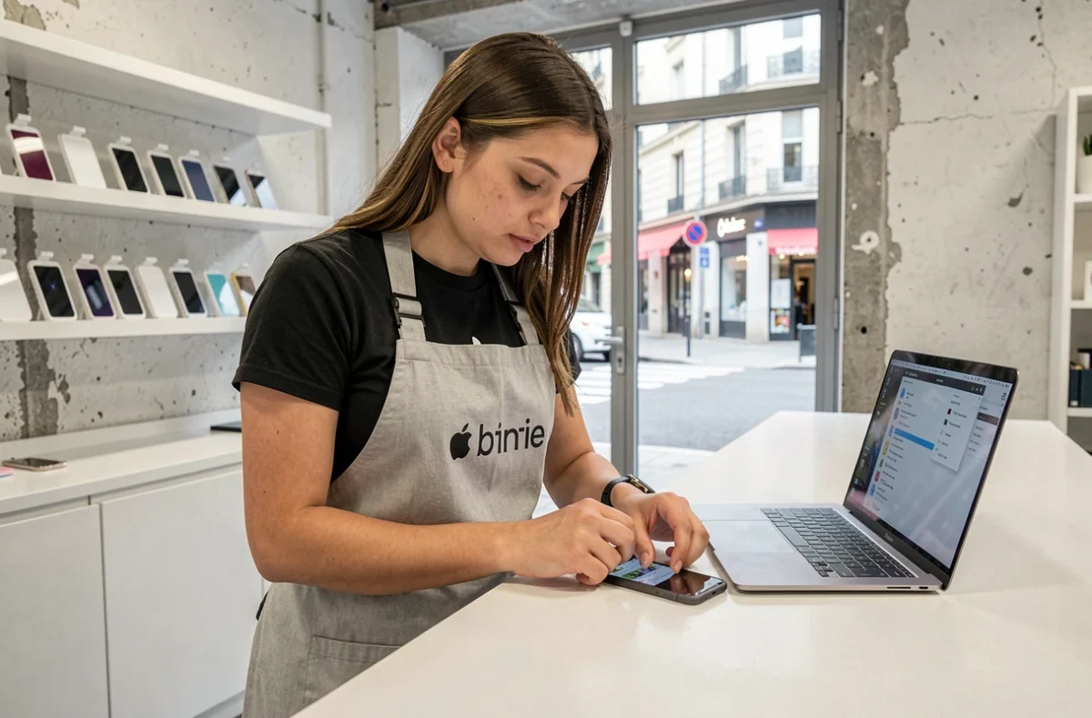 Technicienne Apple-Box réparant un iPhone dans une boutique spécialisée Apple à Lyon