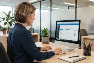 Femme professionnelle organisant et archivant ses mails sur une interface webmail Convergence Limoges depuis un bureau moderne