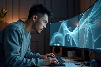 Artiste CGI concentré devant un écran ultrawide affichant un rendu 3D complexe avec wireframes et textures procédurales dans un studio sombre