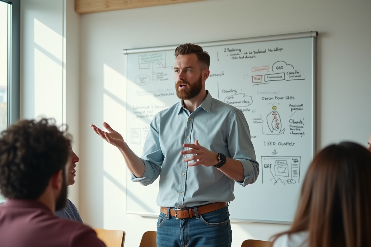Homme animateur présentant une stratégie SEO en atelier