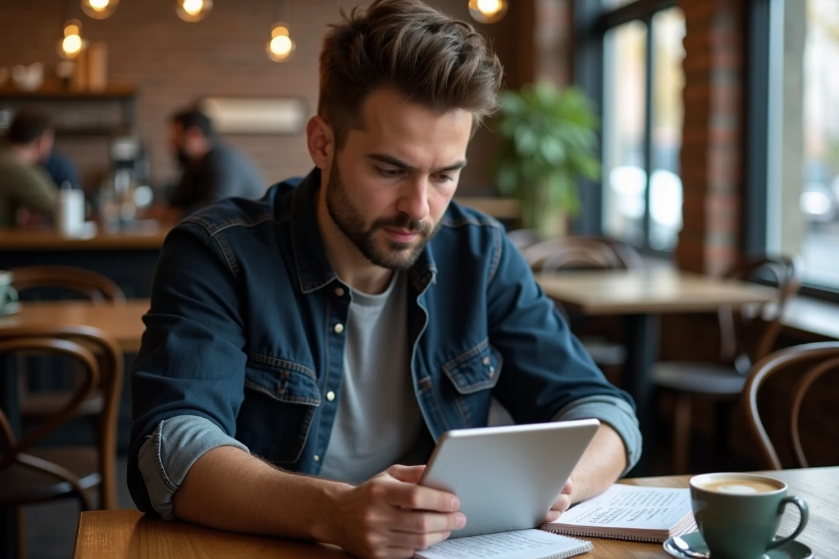 Blogueur masculin analysant la longueur de son article sur une tablette dans un café urbain avec notes manuscrites