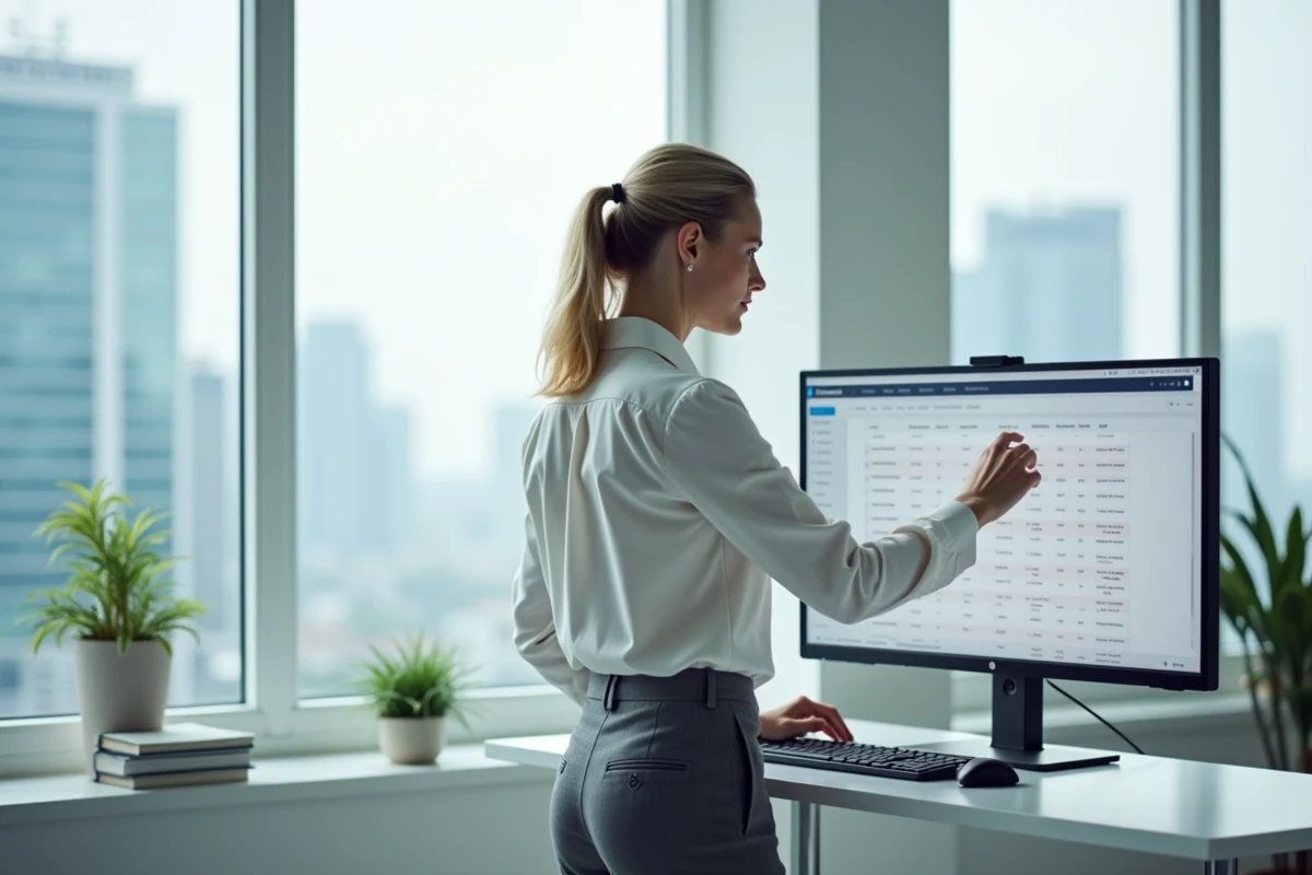 Femme blogueuse professionnelle consultant un tableau de bord de comptage de mots sur grand écran dans un bureau moderne
