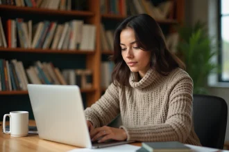 Blogueuse concentrée qui rédige un article sur son ordinateur portable dans un bureau à domicile cosy