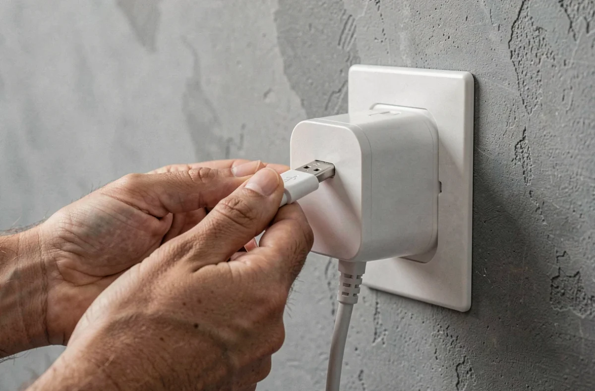 Mains branchant un câble USB Type-A vers Type-C sur un chargeur mural pour charge rapide