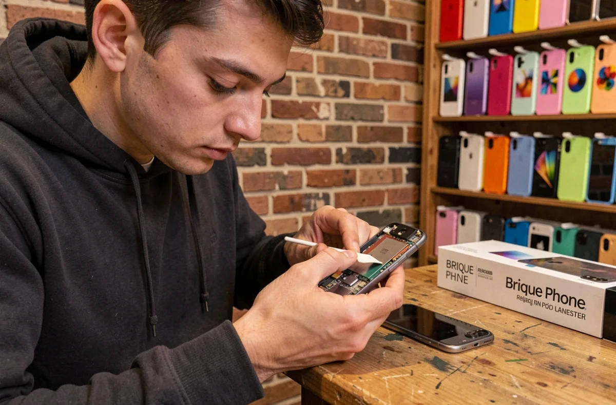 Technicien de Brique Phone à Lanester ouvrant soigneusement un smartphone avec un outil spudger au comptoir de réparation