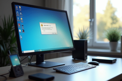 Espace de travail moderne avec écran Windows 7 et périphériques