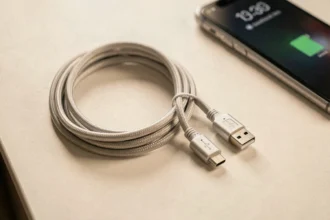 Câble USB Type-A vers Type-C posé sur un bureau blanc avec un smartphone en charge visible