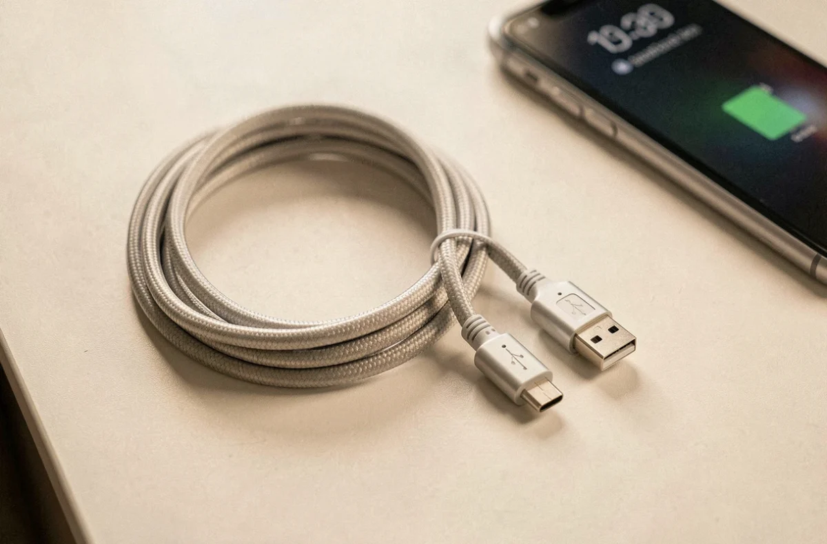 Câble USB Type-A vers Type-C posé sur un bureau blanc avec un smartphone en charge visible