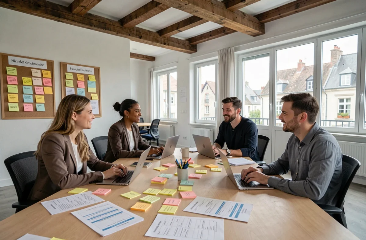 Équipe de consultants Capgemini en atelier agile dans un bureau en Bourgogne-Franche-Comté