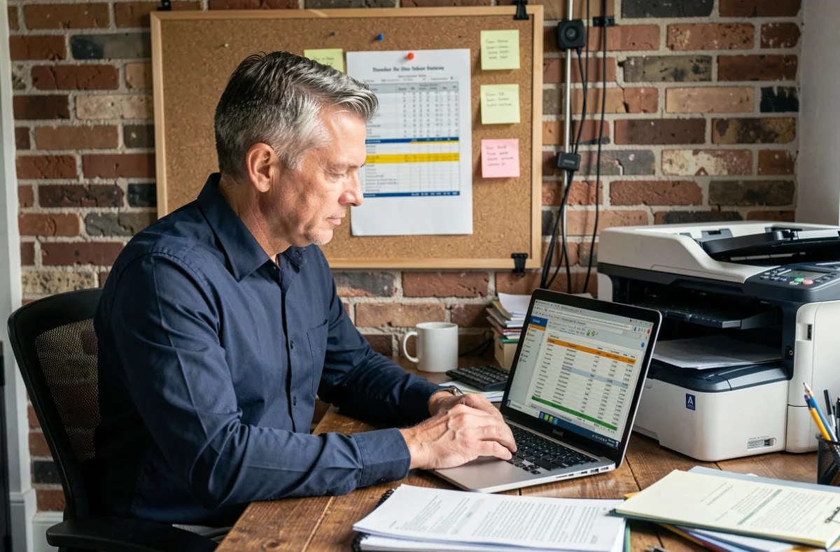 Chef d'entreprise analysant les coûts de cartouches d'imprimante sur ordinateur portable dans un bureau professionnel