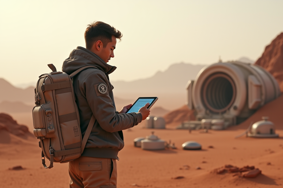 Jeune chercheur examinant un affichage de lois martiennes à l