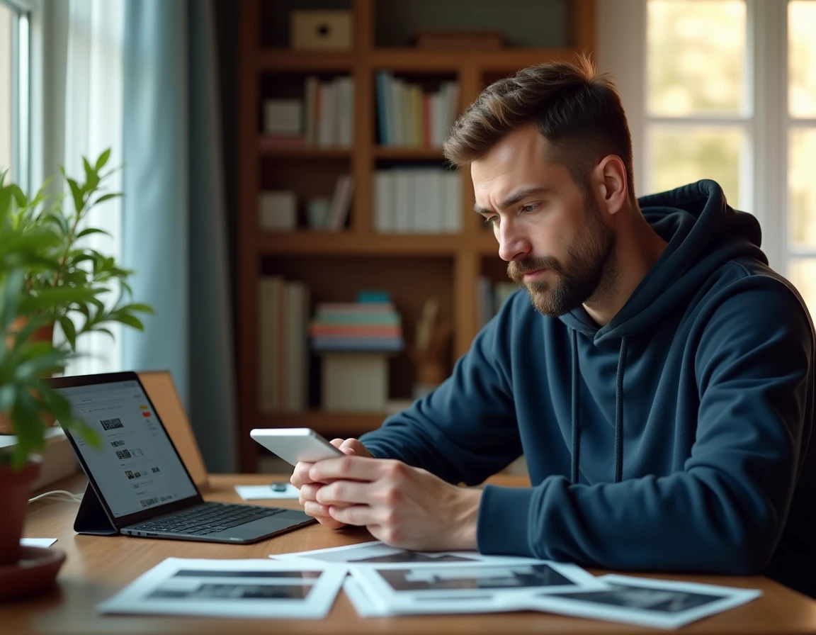 Homme travaillant depuis chez lui sur le choix entre format image JPG et format PDF sur une tablette