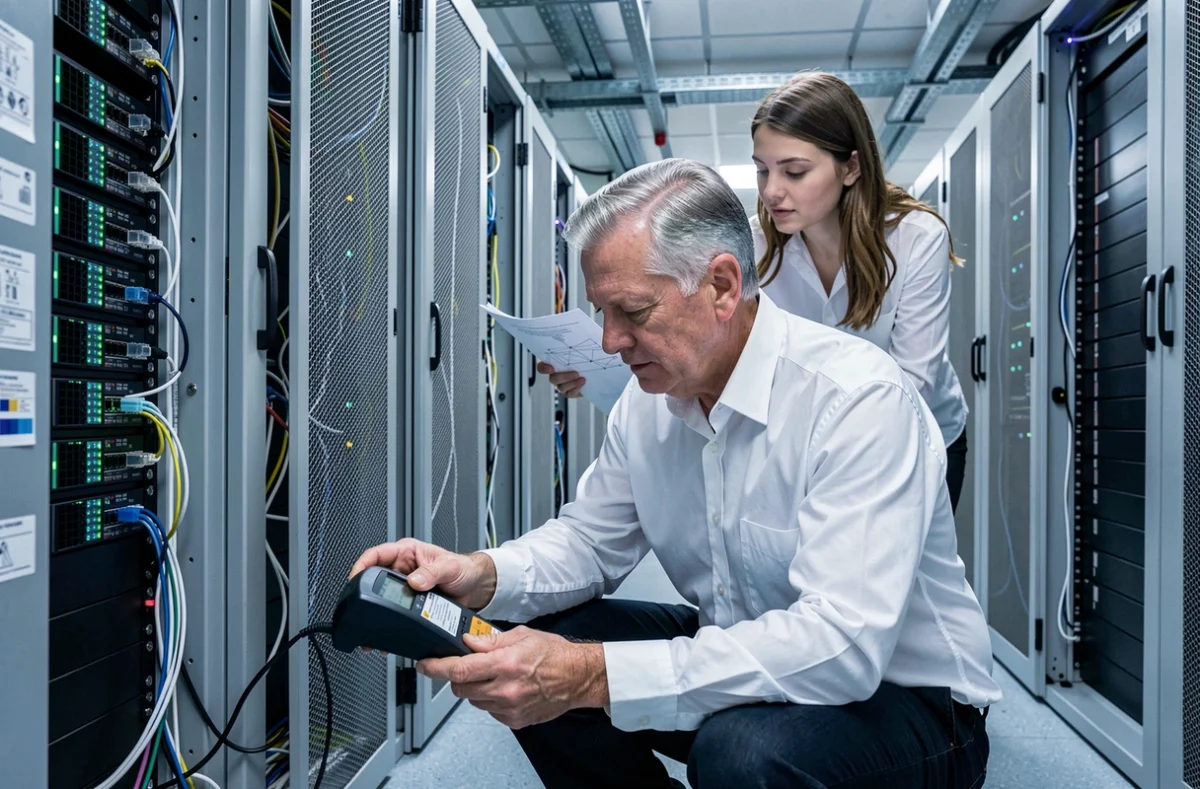 Ingénieur CIDEM assurant la maintenance réseau dans une salle serveur professionnelle