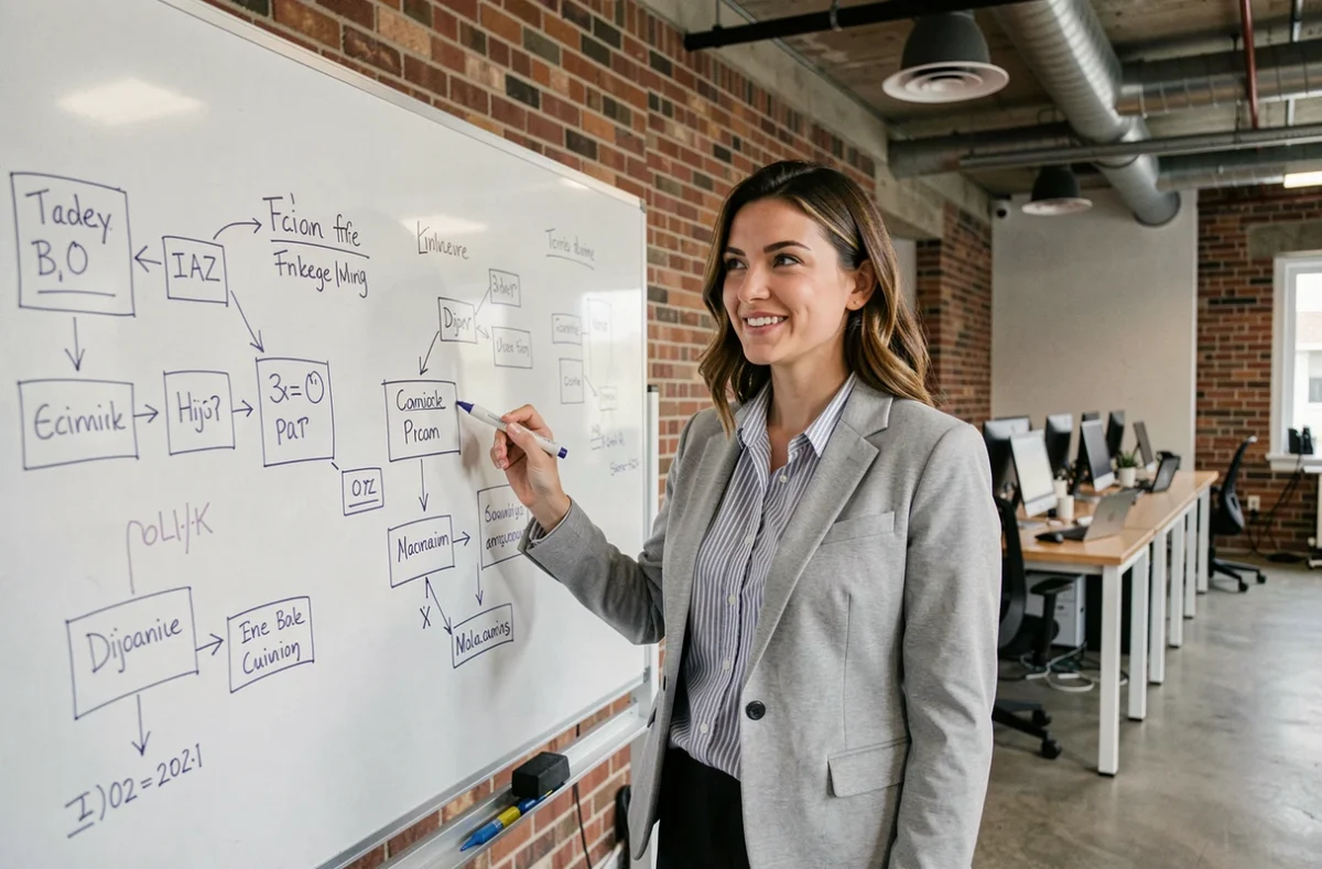Ingénieure logiciel de Citech Dijon présentant des diagrammes techniques sur un tableau blanc