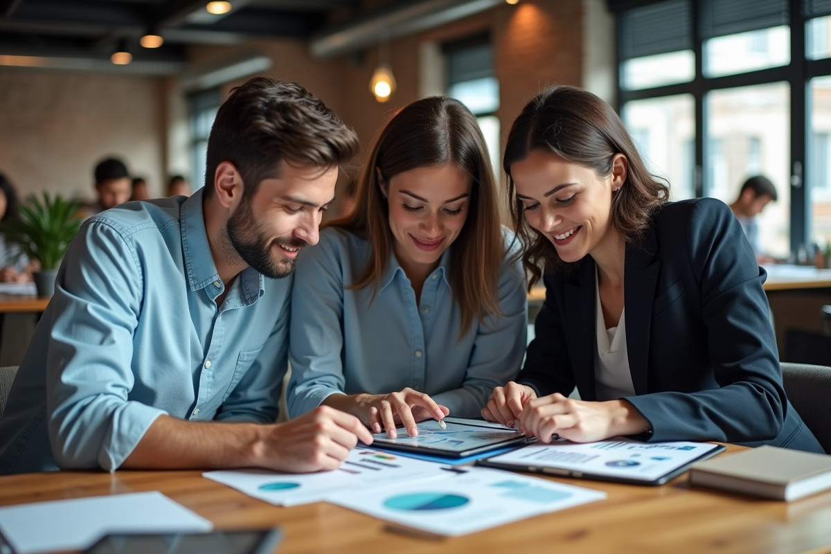 Groupe de professionnels discutant autour d