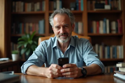 Collectionneur homme examine un téléphone vintage Sony Ericsson