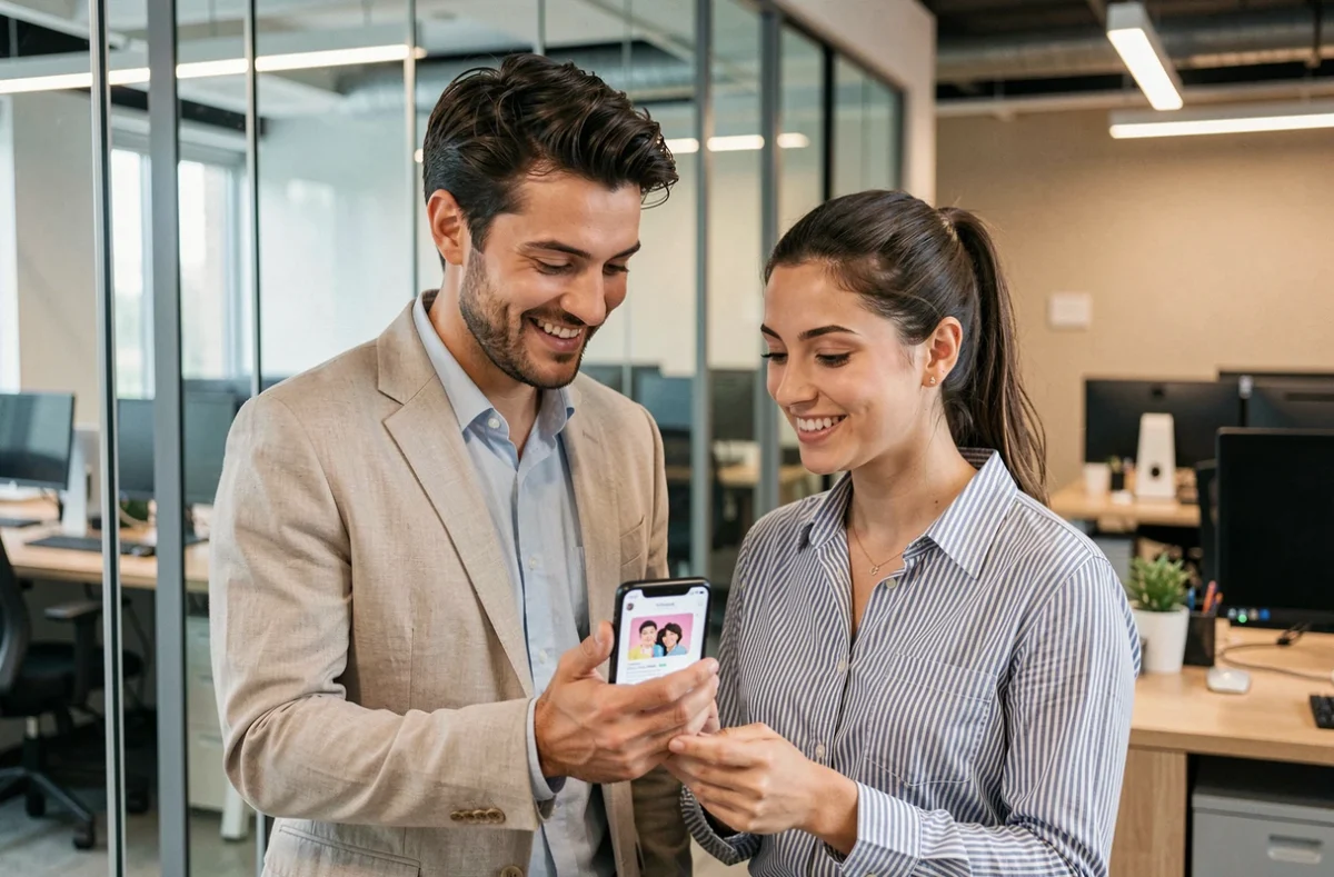 Deux collègues au bureau regardant un GIF envoyé par SMS sur un smartphone partagé