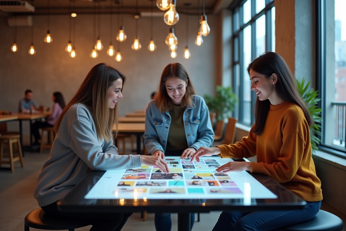 Groupe de jeunes professionnels CGI discutant de portfolios 3D sur une table tactile dans un espace de coworking moderne