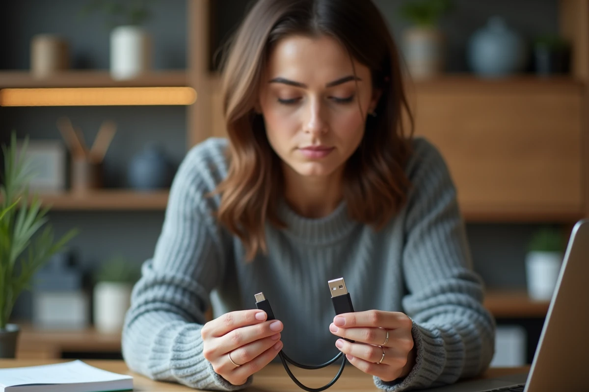 Femme tenant deux câbles USB Type-A et Type-C côte à côte pour les comparer, dans un bureau à domicile moderne