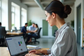 Femme professionnelle comparant un fichier PDF et une image sur son ordinateur portable dans un bureau moderne