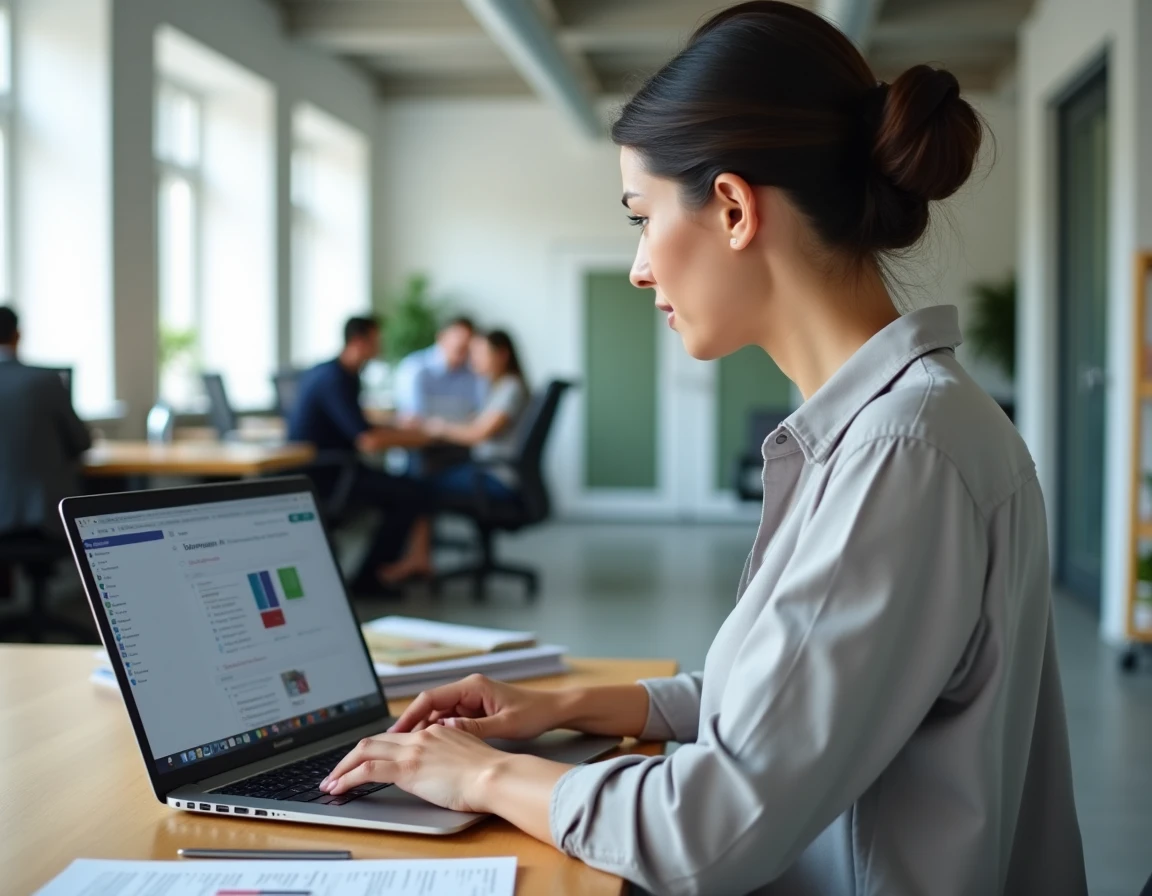 Femme professionnelle comparant un fichier PDF et une image sur son ordinateur portable dans un bureau moderne