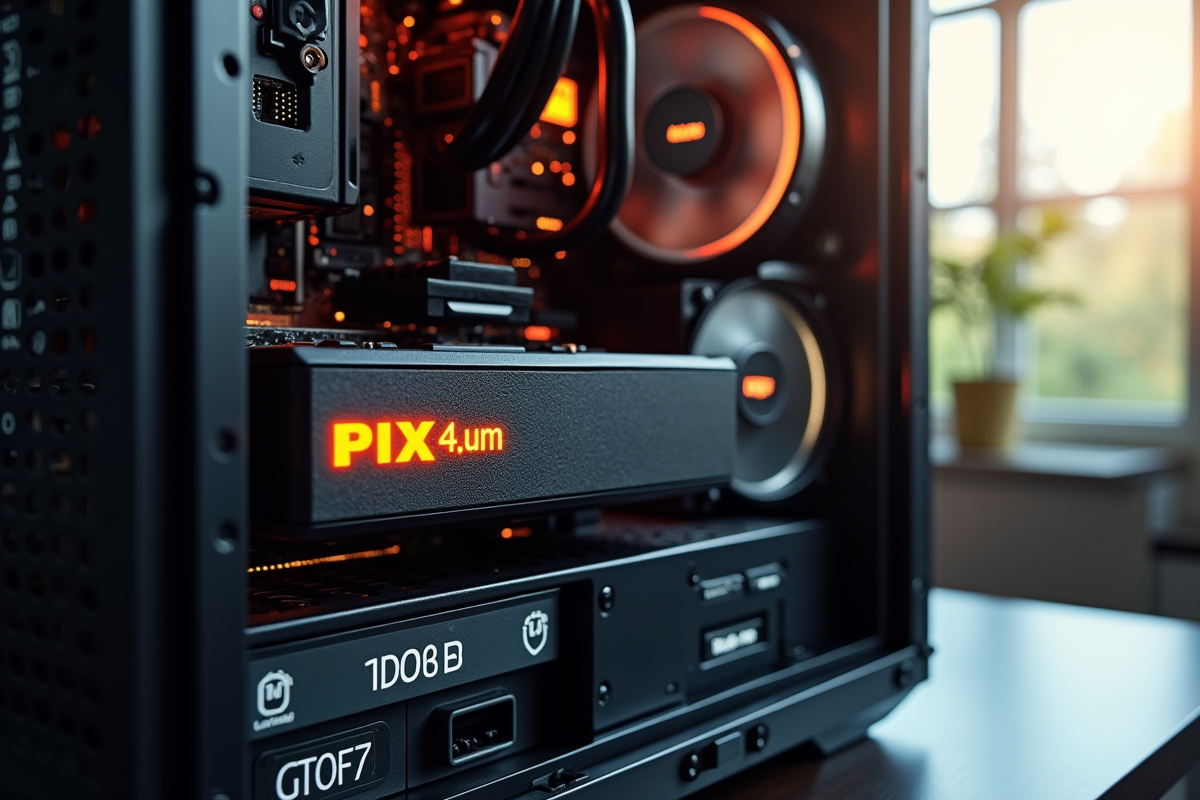 Vue d’un boitier PC ouvert avec une carte graphique moderne