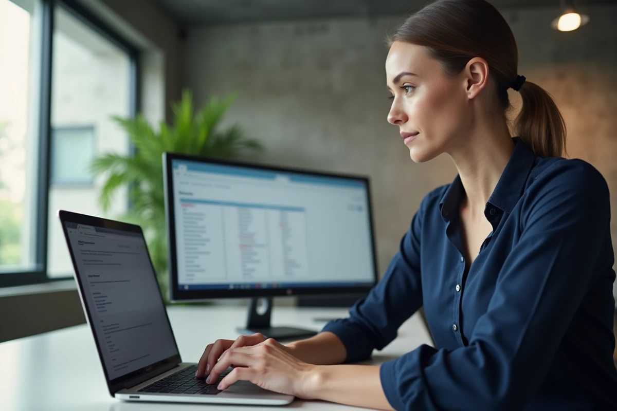 Femme professionnelle configurant les paramètres IMAP et SMTP dans un webmail sur un ordinateur portable au bureau