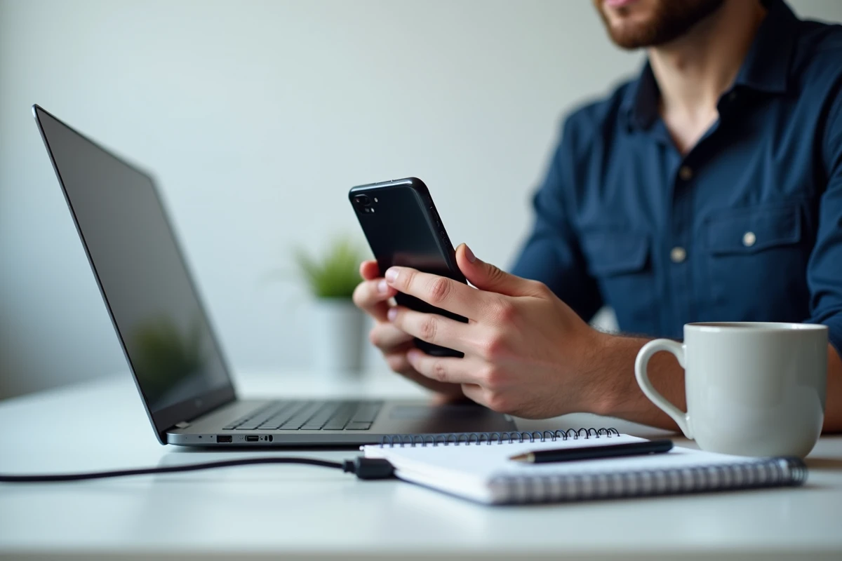 Homme configurant son compte de messagerie Zimbra Unicaen sur mobile depuis un bureau à domicile