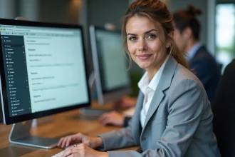 Femme professionnelle configurant Outlook avec les paramètres webmail sur un ordinateur de bureau au bureau