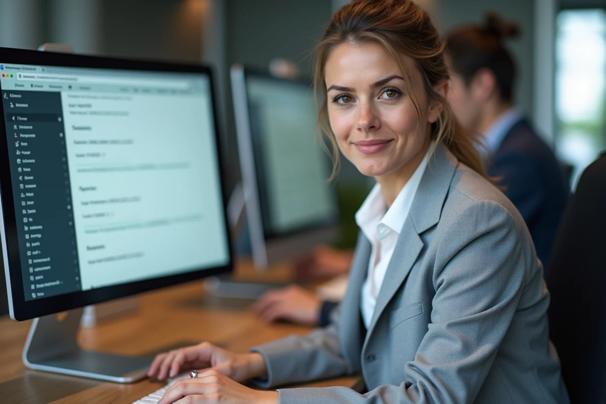 Femme professionnelle configurant Outlook avec les paramètres webmail sur un ordinateur de bureau au bureau