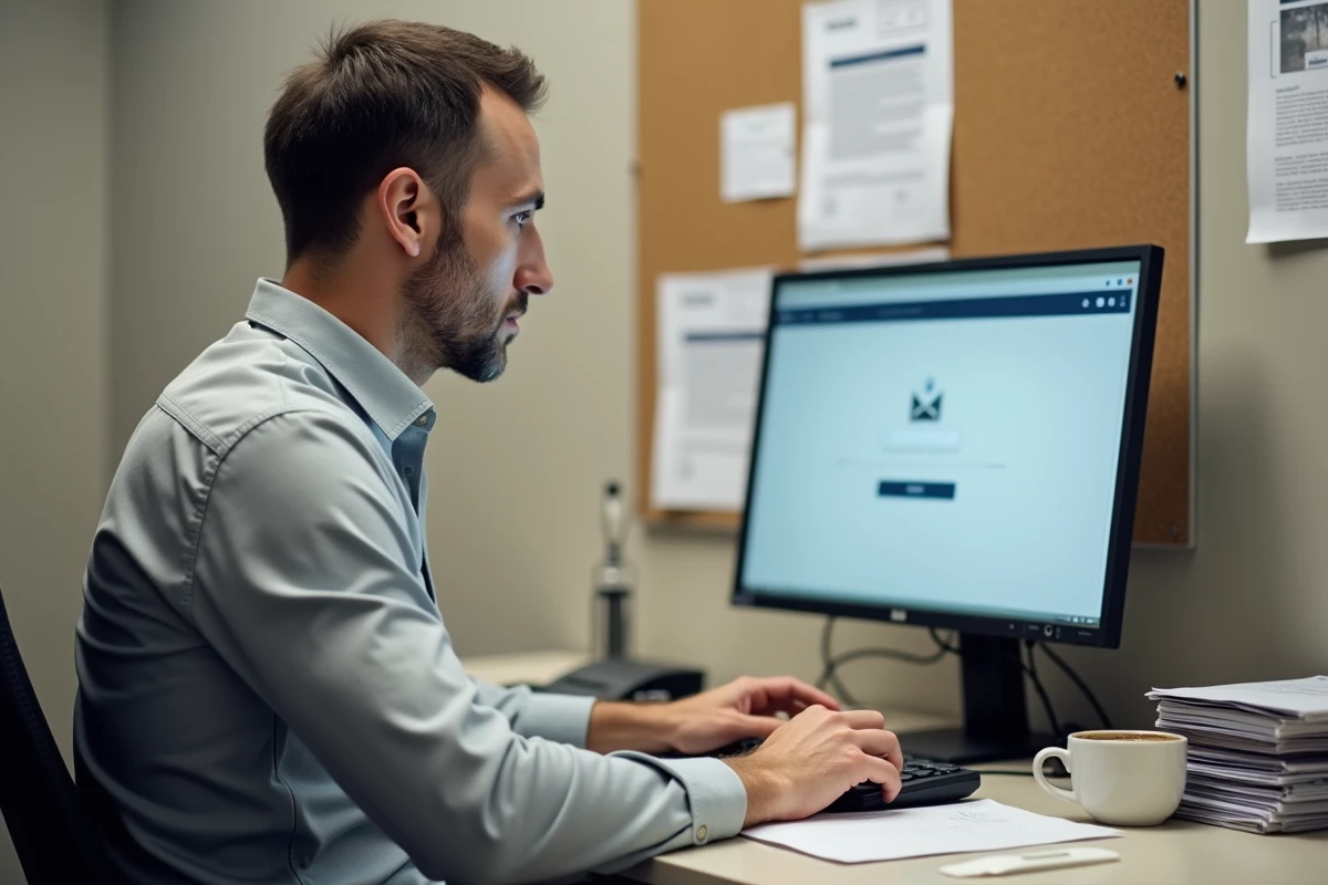 Agent administratif se connectant à sa messagerie académique Créteil depuis un poste informatique partagé
