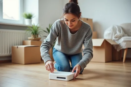 Femme connectant un routeur internet lors d'un déménagement dans un appartement avec des cartons