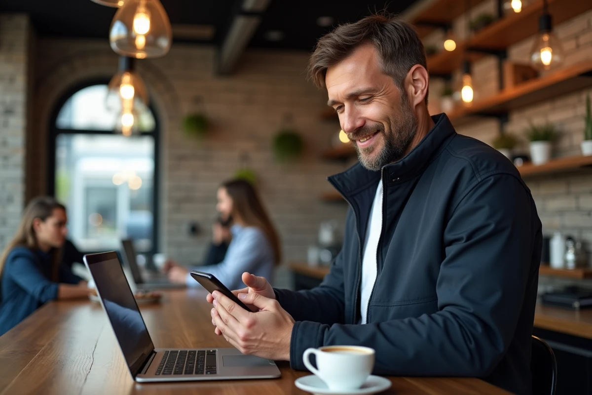 Homme consultant sa messagerie email sur smartphone et ordinateur portable dans un café urbain moderne