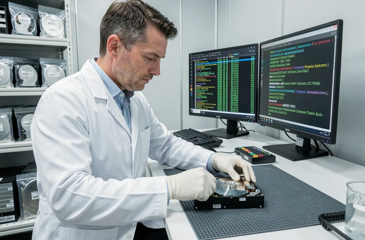 Spécialiste Dafotec récupérant des données sur un disque dur dans un laboratoire lyonnais