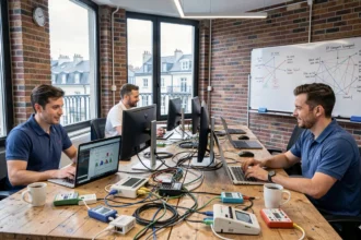 Techniciens informatiques travaillant dans un bureau de dépannage moderne à Lyon